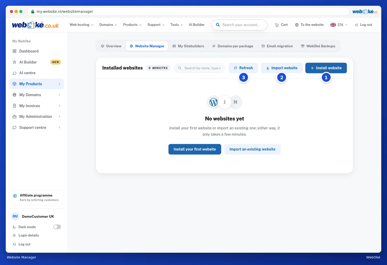 The Website Manager without any websites, with the Install website and Import website buttons