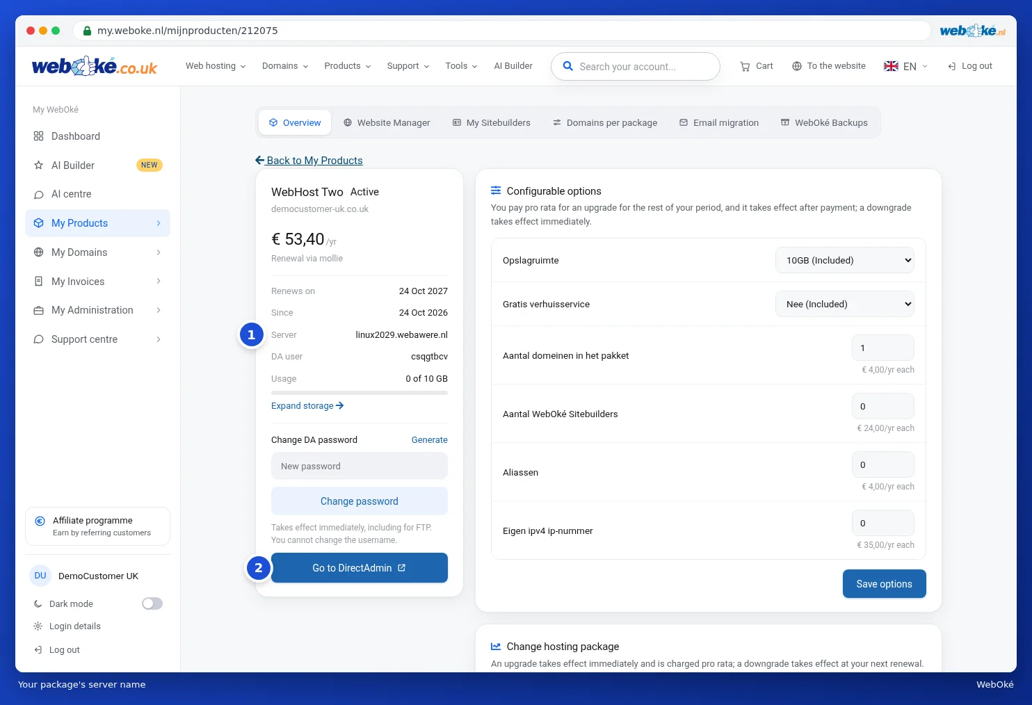 The product page with the server name next to Server and the Go to DirectAdmin button