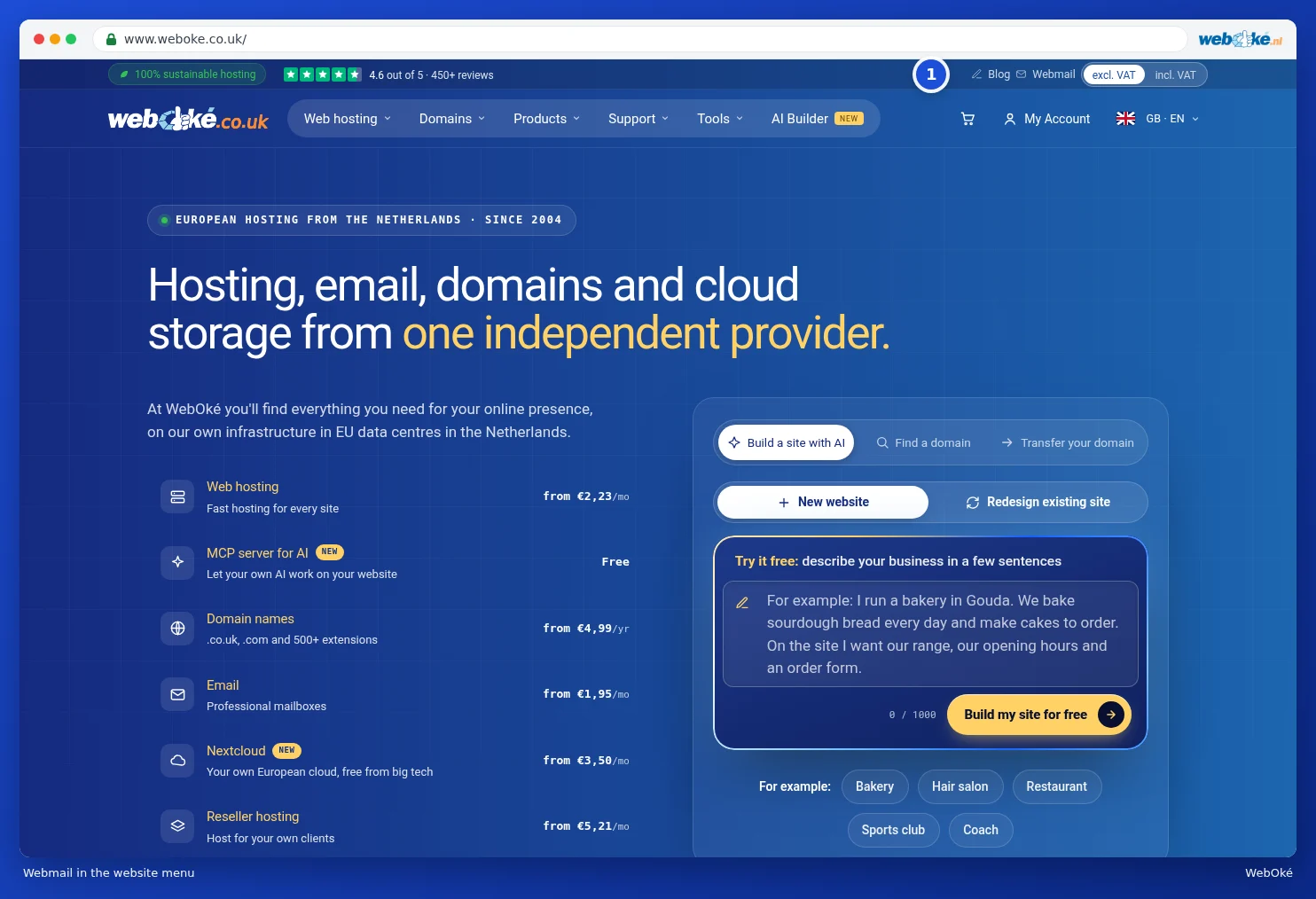 The Webmail link at the top right of the website