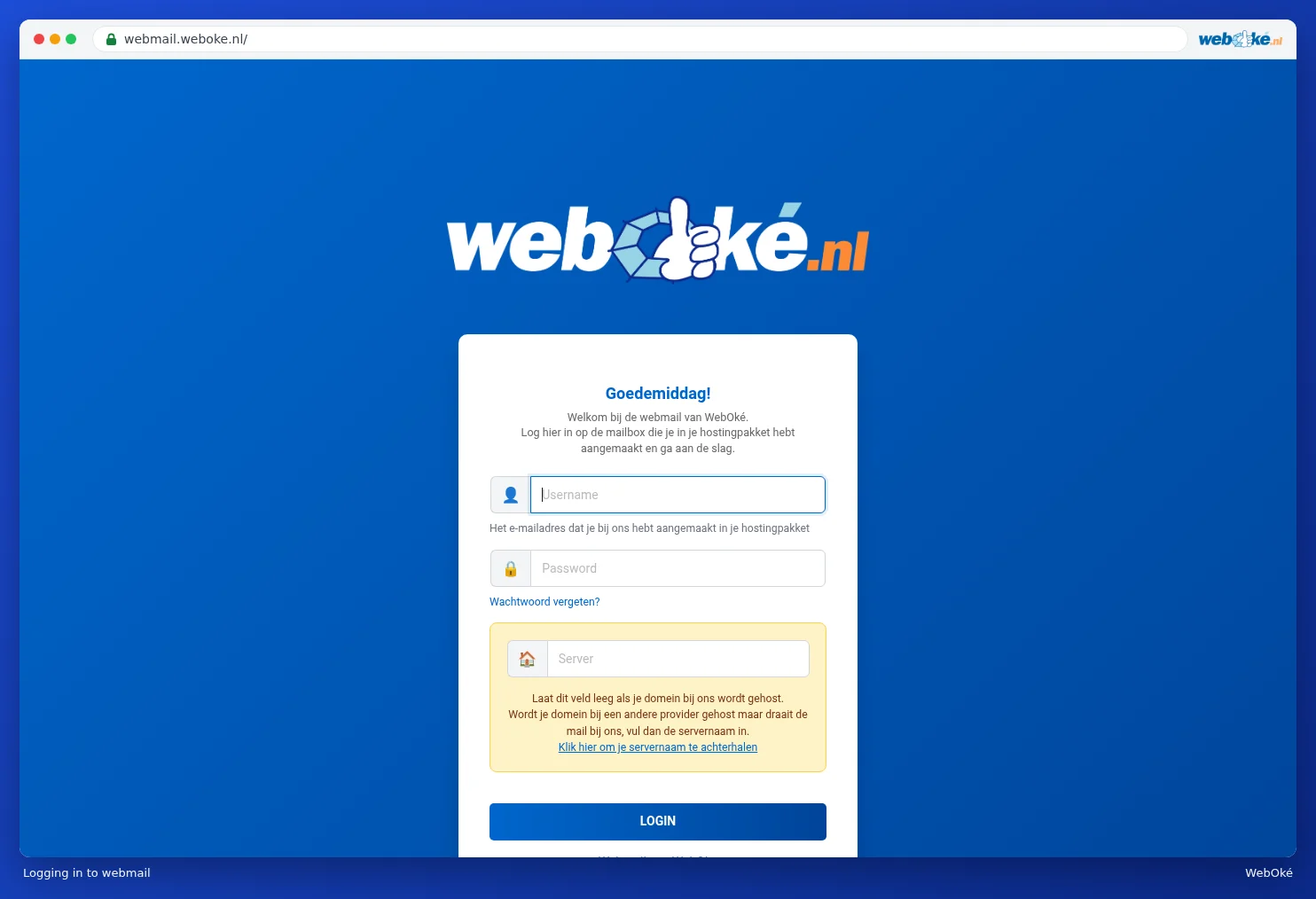 The webmail login screen with username, password and server