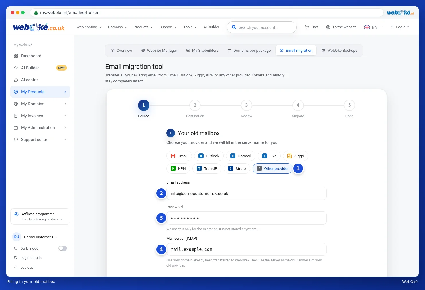The first step filled in with an example: Other provider, email address, password and mail server