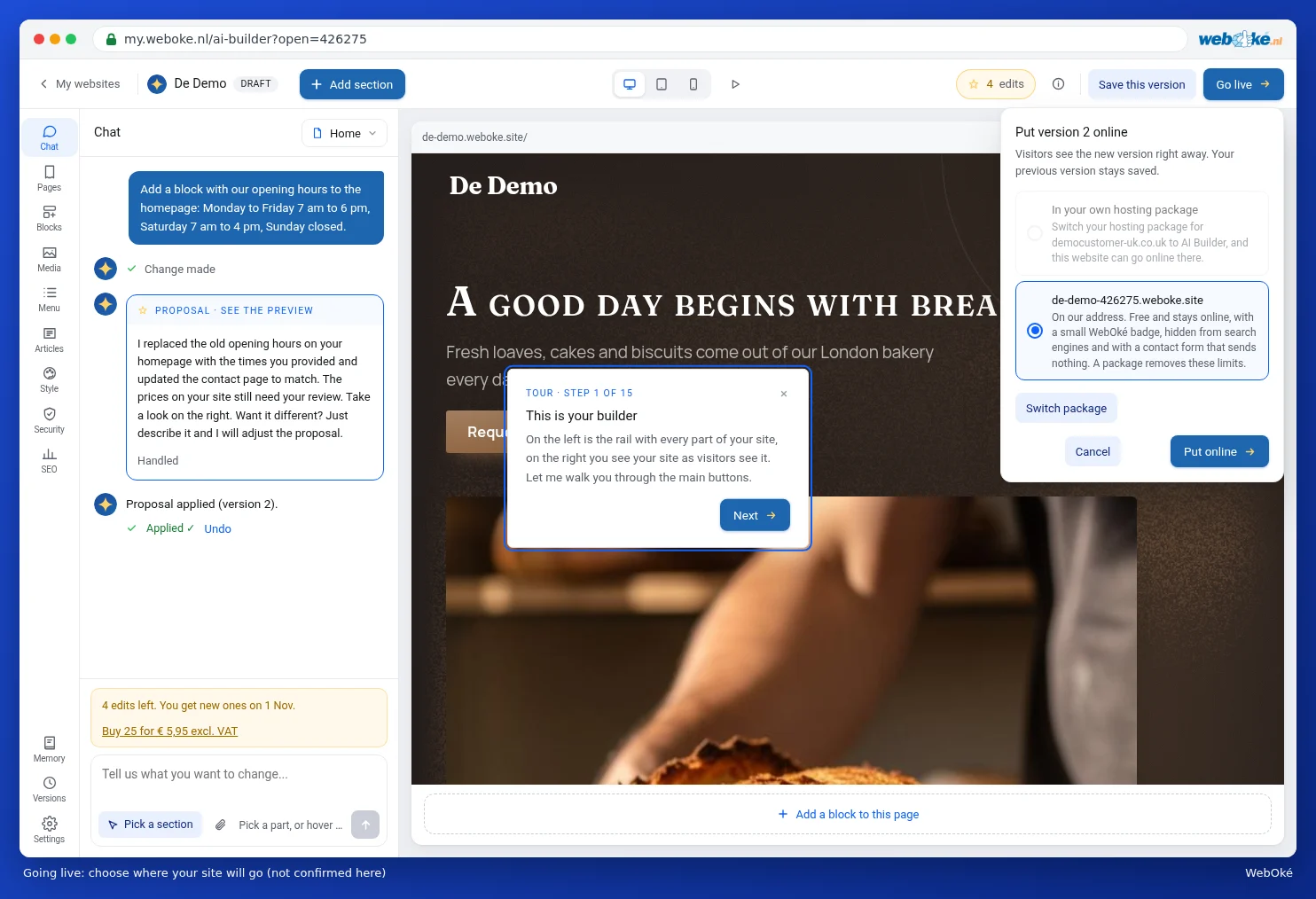 The window to publish version 1, with the choice between the free address or your own hosting package