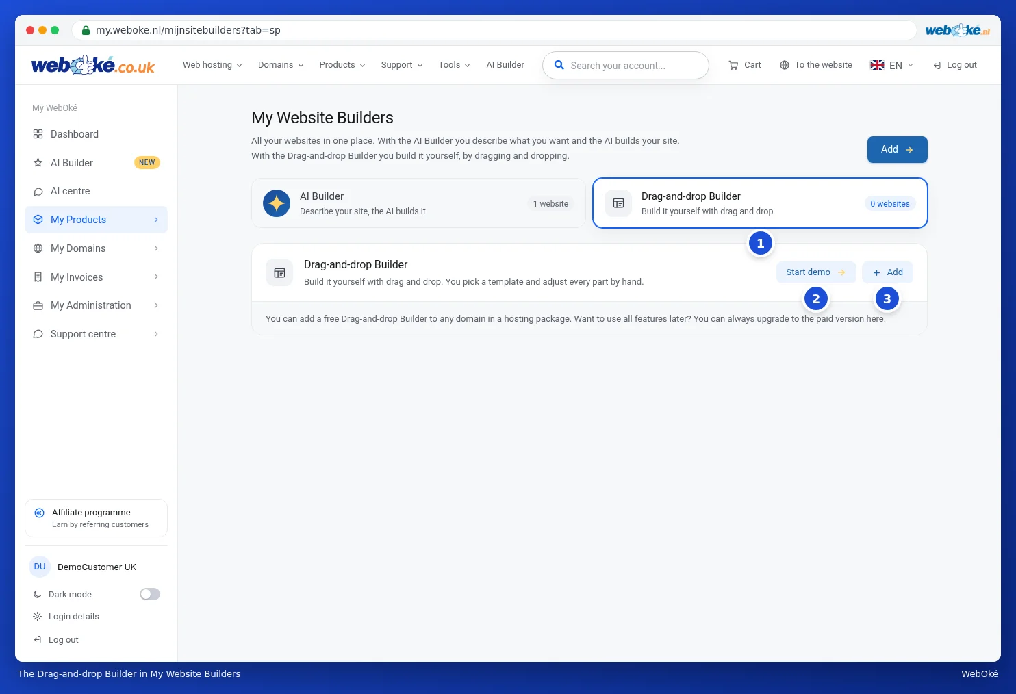 The Drag-and-drop Builder tab in My Website Builders