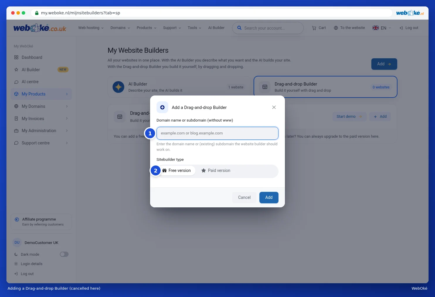 The Add a Drag-and-drop Builder window with the field for the domain name