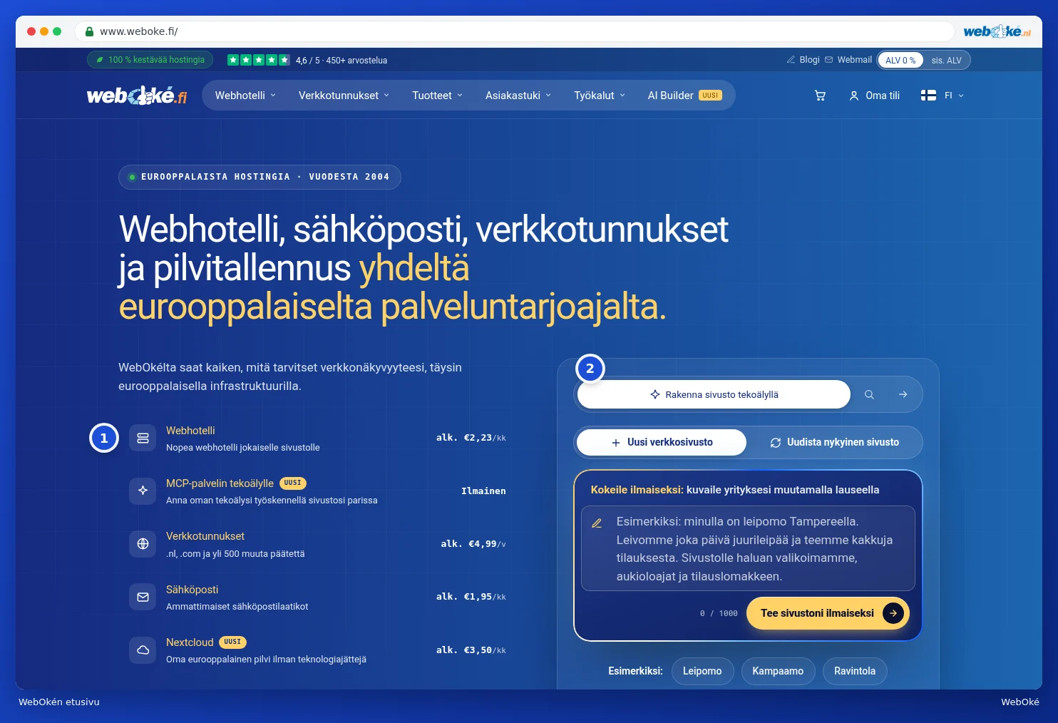 WebOkén verkkosivuston etusivu