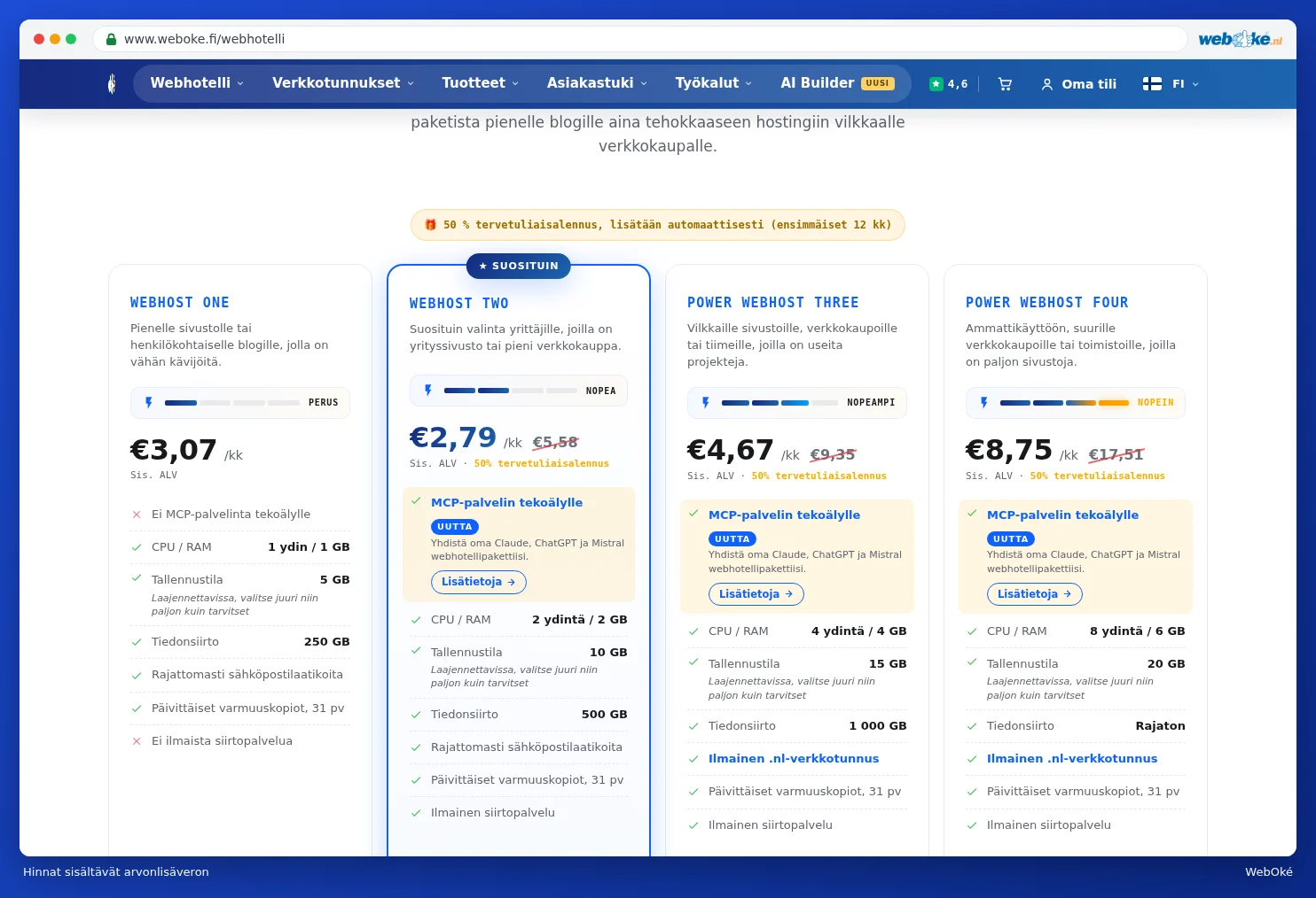 Webhotellipaketit hintoineen alv:n kanssa