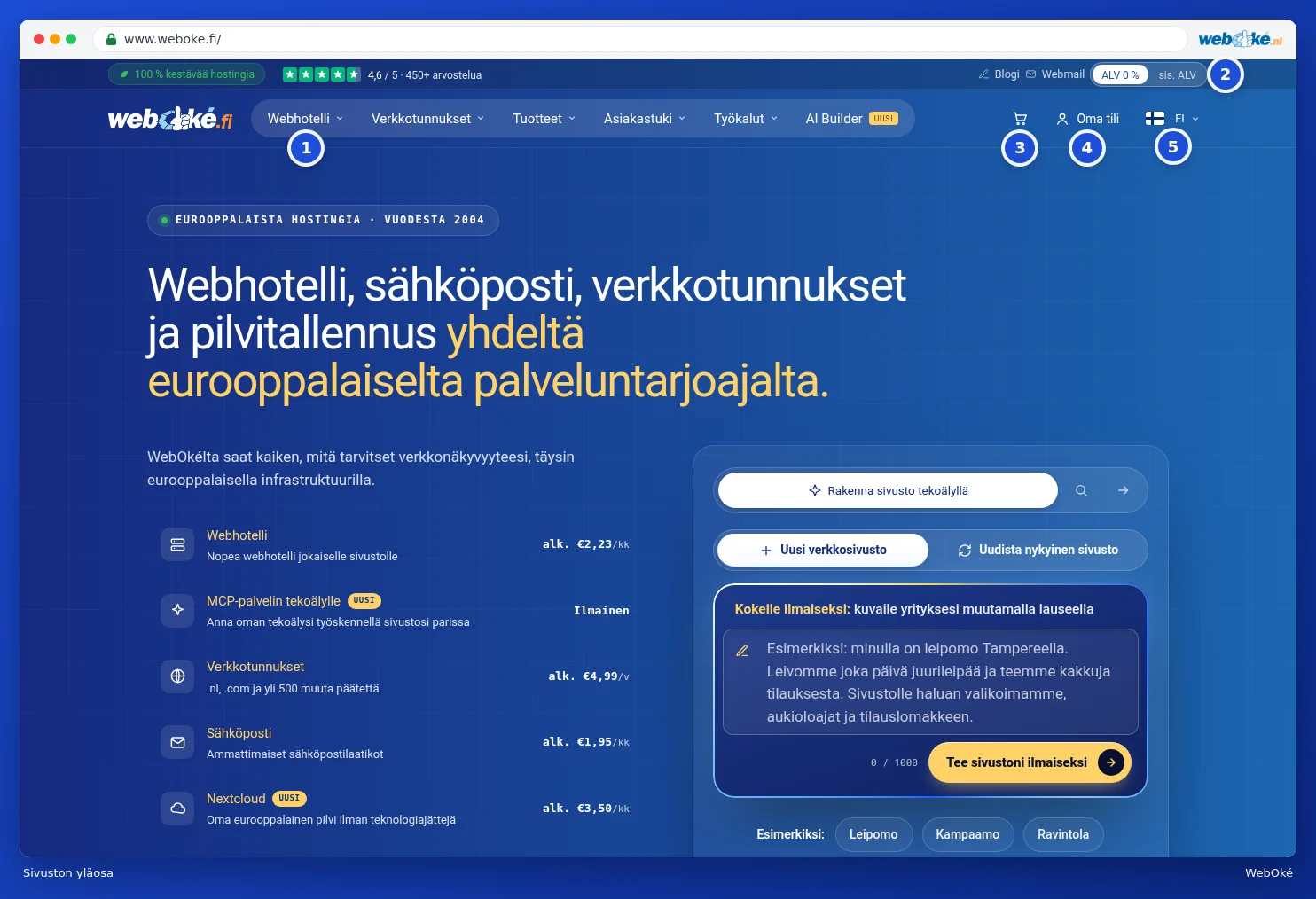 WebOké-verkkosivuston yläpalkki