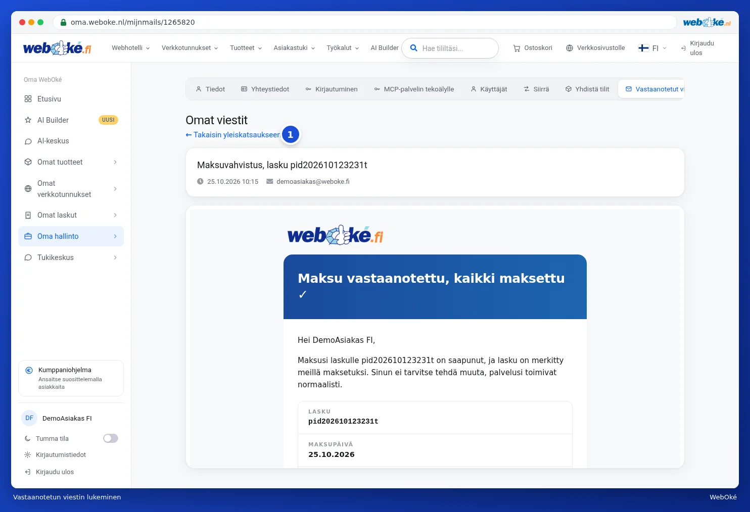 Avattu maksuvahvistus Oma WebOkéssa