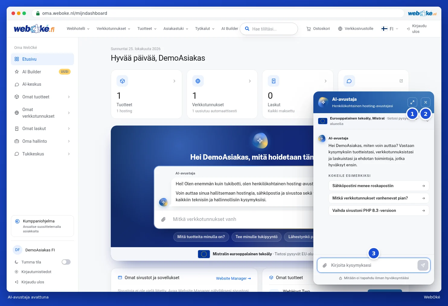 AI-avustajan ikkuna esimerkkikysymyksineen