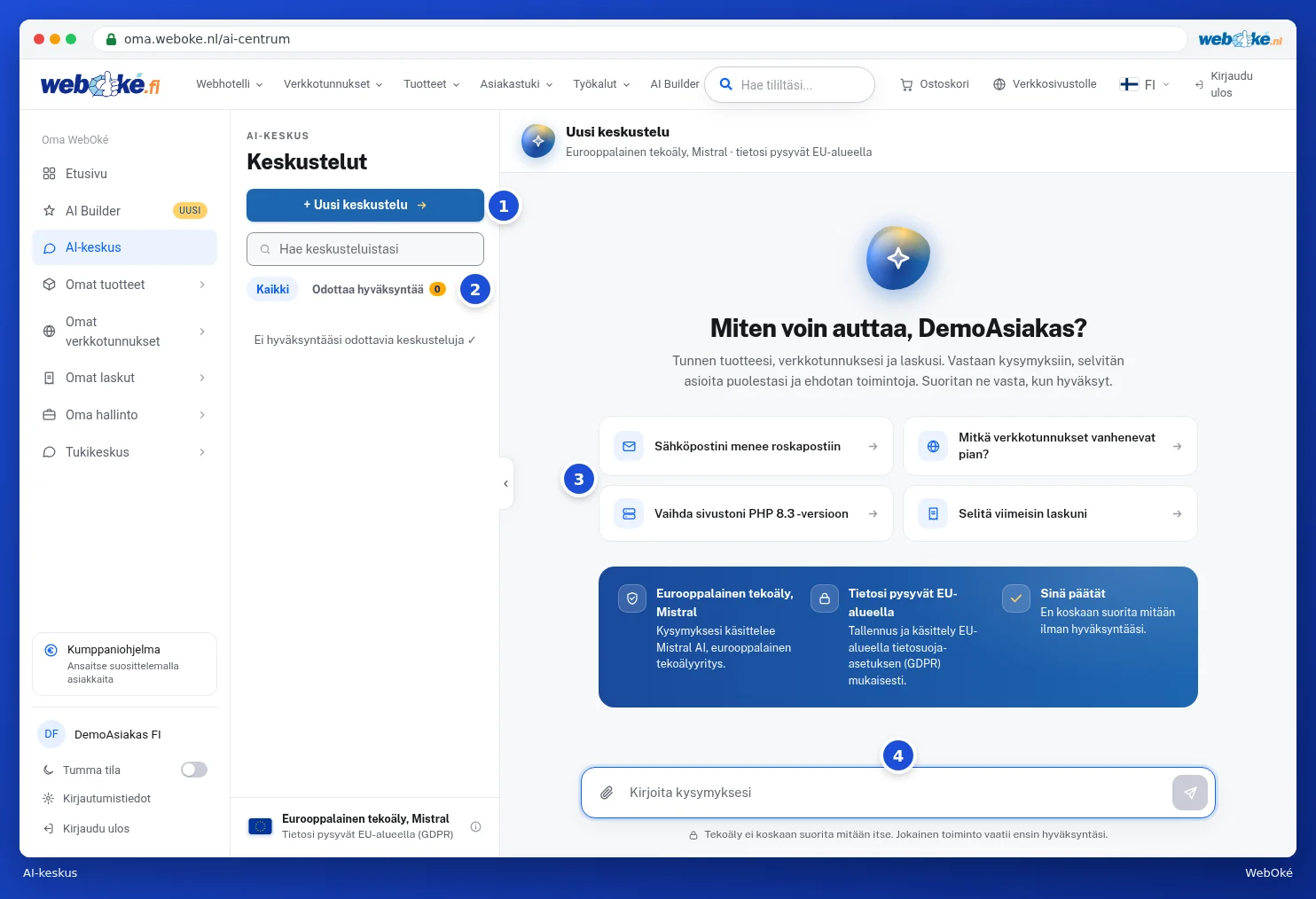 AI-keskus keskustelulistalla ja uusi keskustelu esimerkkikysymyksineen