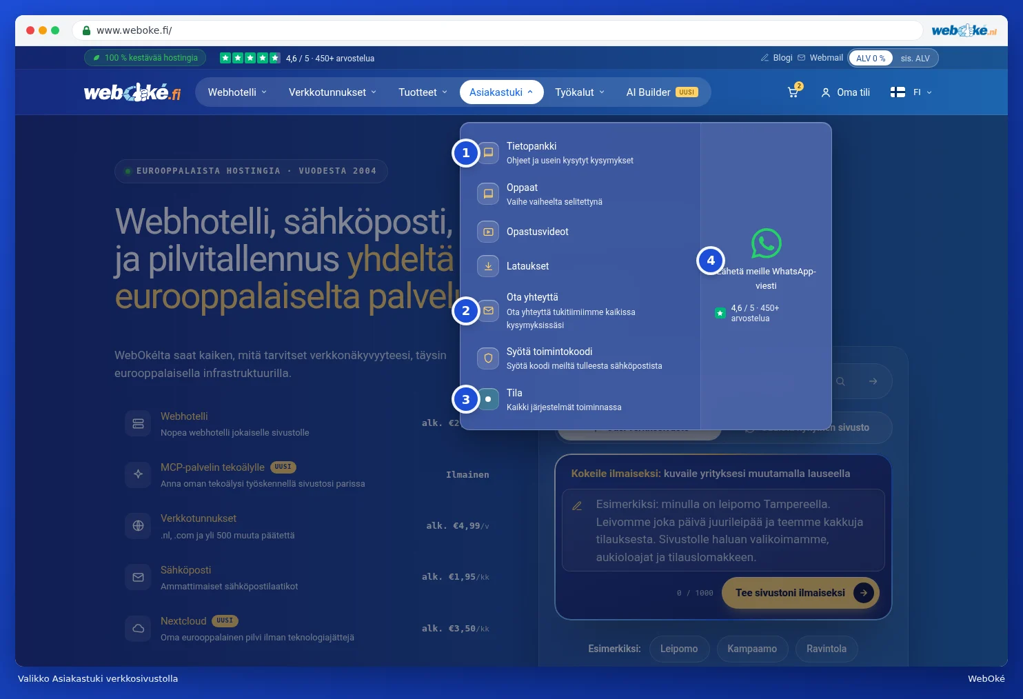 Verkkosivuston avattu Asiakastuki-valikko, jossa tietopankki, oppaat, opetusvideot, lataukset, yhteydenotto, toimintokoodi ja tila