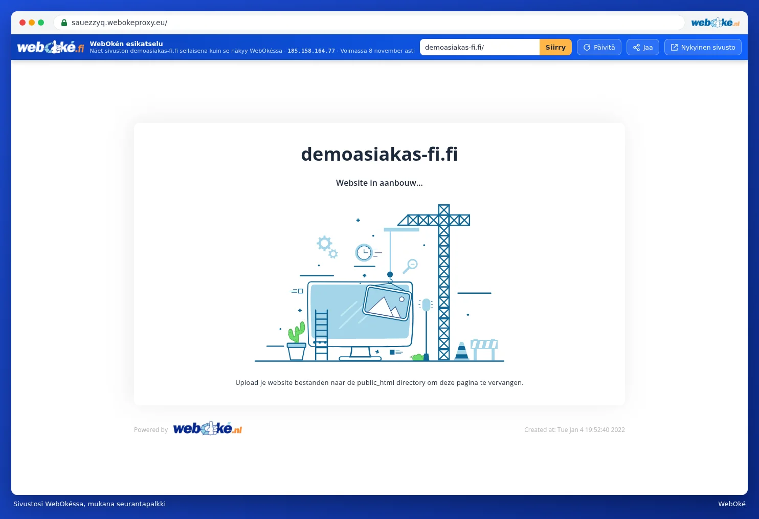 Esimerkkiasiakkaan sivusto WebOkéssa ja sen yläpuolella sininen esikatselupalkki