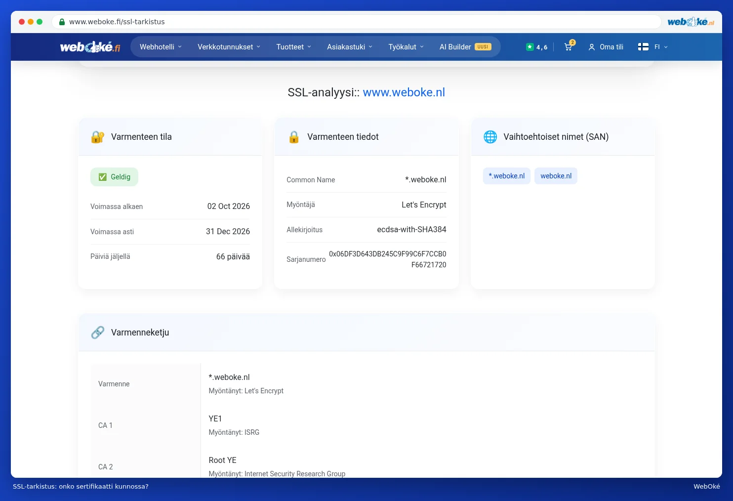 SSL-tarkistuksen tulos osoitteelle www.weboke.nl, jossa näkyy tila, tiedot, vaihtoehtoiset nimet ja ketju