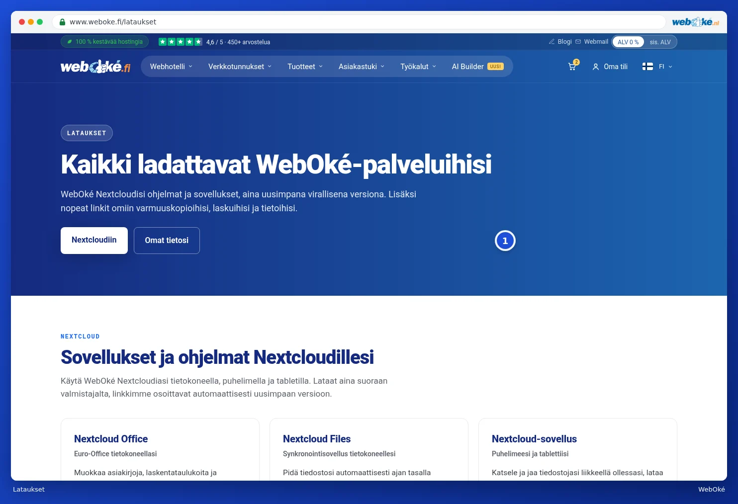 Lataukset-sivun yläosa painikkeineen Nextcloudiin ja Omat tiedot