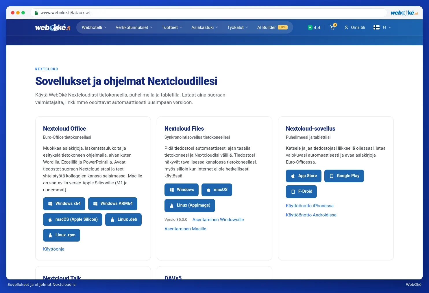 Kortit Nextcloudin sovelluksilla ja ohjelmilla latauspainikkeineen eri järjestelmille