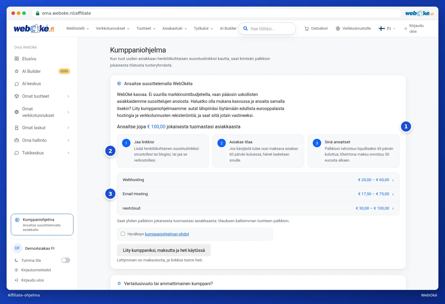 Kumppaniohjelma-sivu selityksineen, kolmine vaiheineen ja tuoteryhmäkohtaisine provisioineen