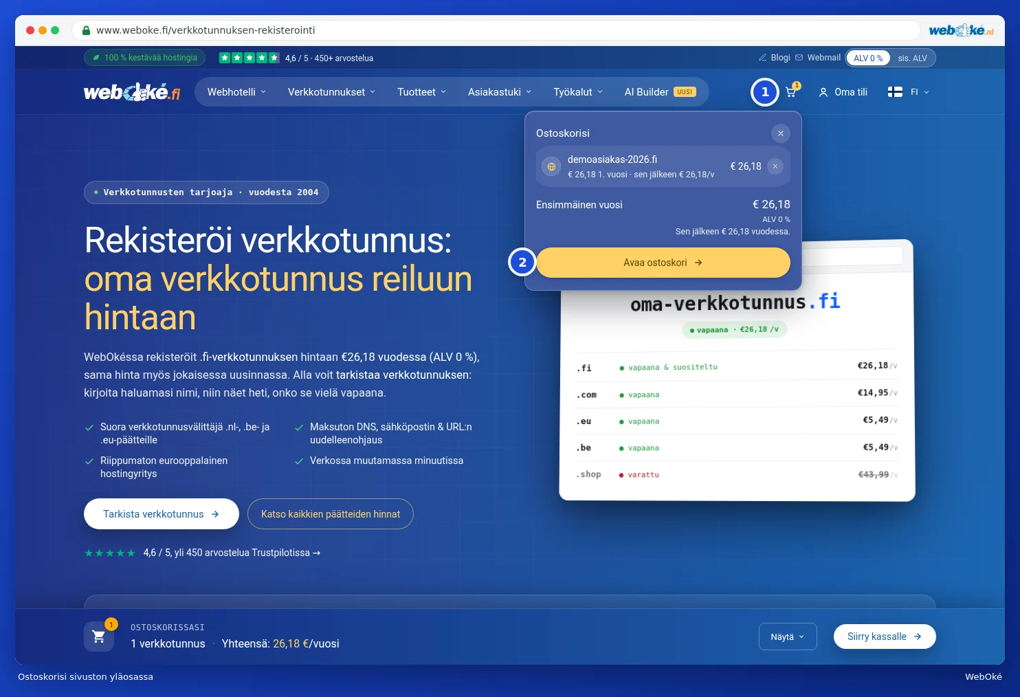 Ostoskorin yhteenveto sivuston yläreunassa