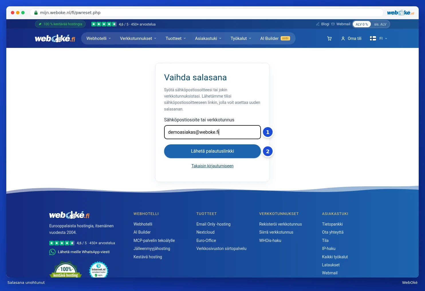 Salasanan palautus -näkymä, jossa kenttä Sähköpostiosoite tai verkkotunnus