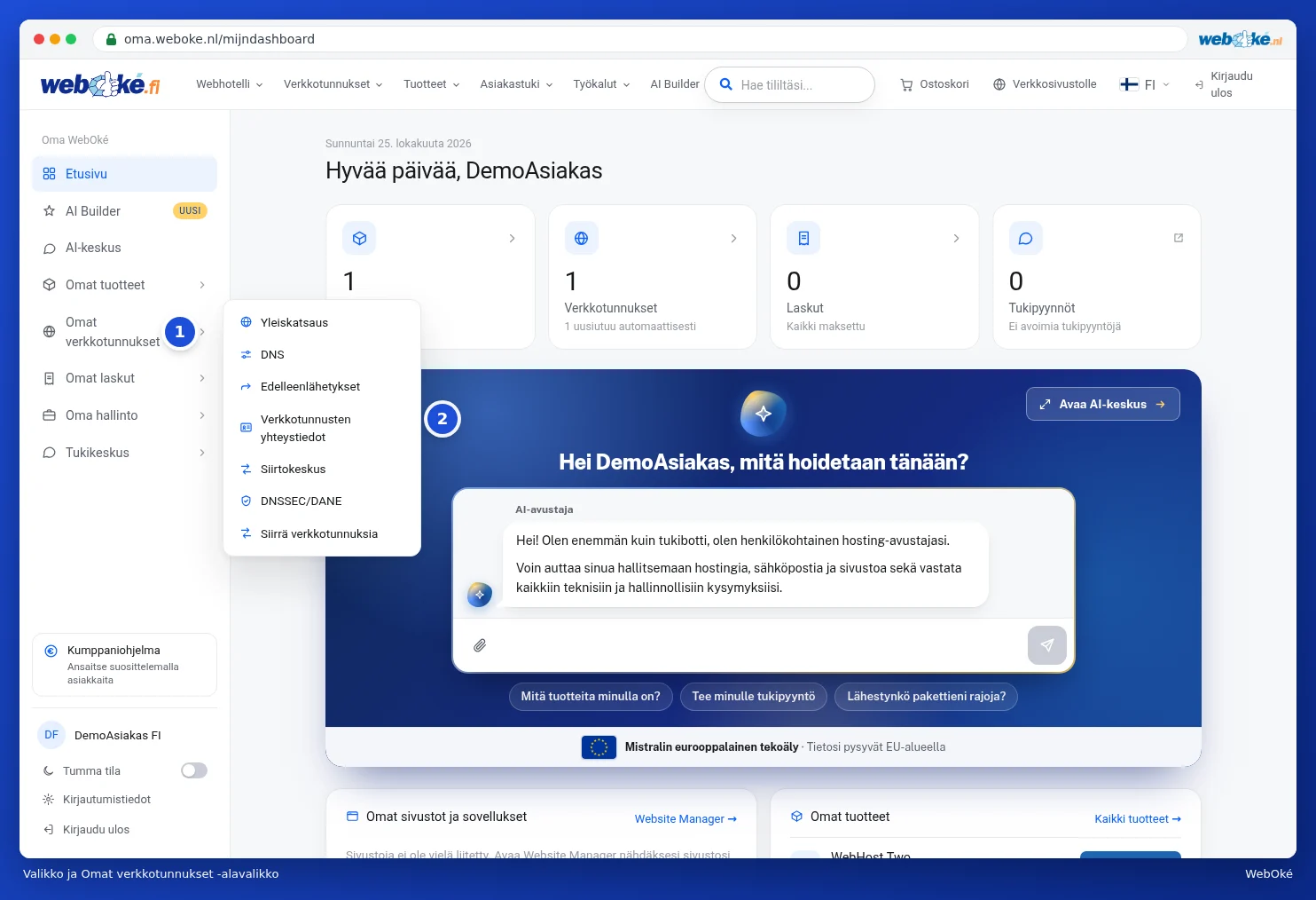 Vasen valikko avattuna Omat verkkotunnukset -alavalikon kanssa