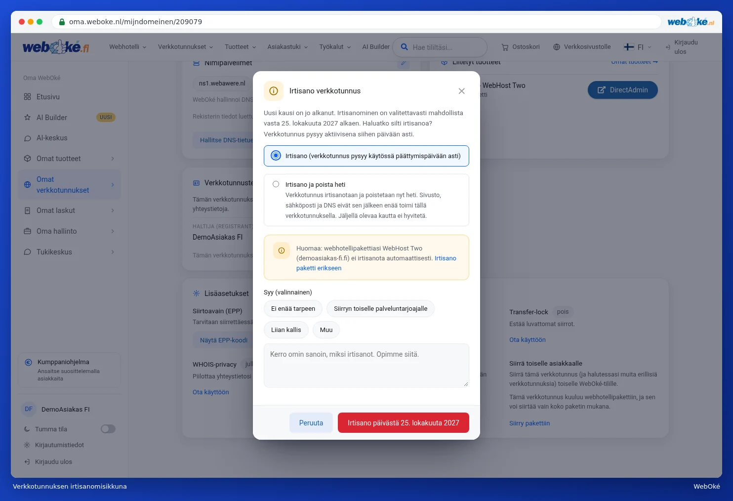 Irtisano verkkotunnus -ikkuna vaihtoehtoineen ja syineen