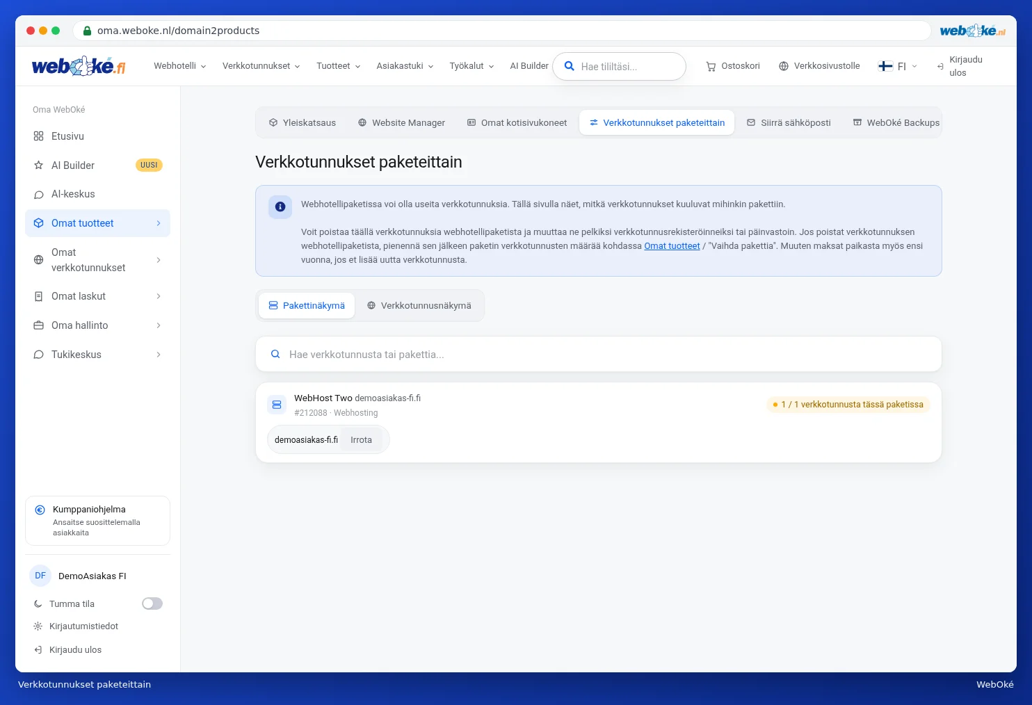 Verkkotunnukset hosting-paketeittain -näkymä, jossa näkyy paketti ja sen verkkotunnus