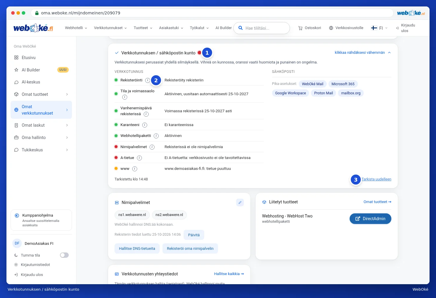 Verkkotunnuksen / sähköpostin kunto -kortti tarkistuksineen ja värillisine pisteineen