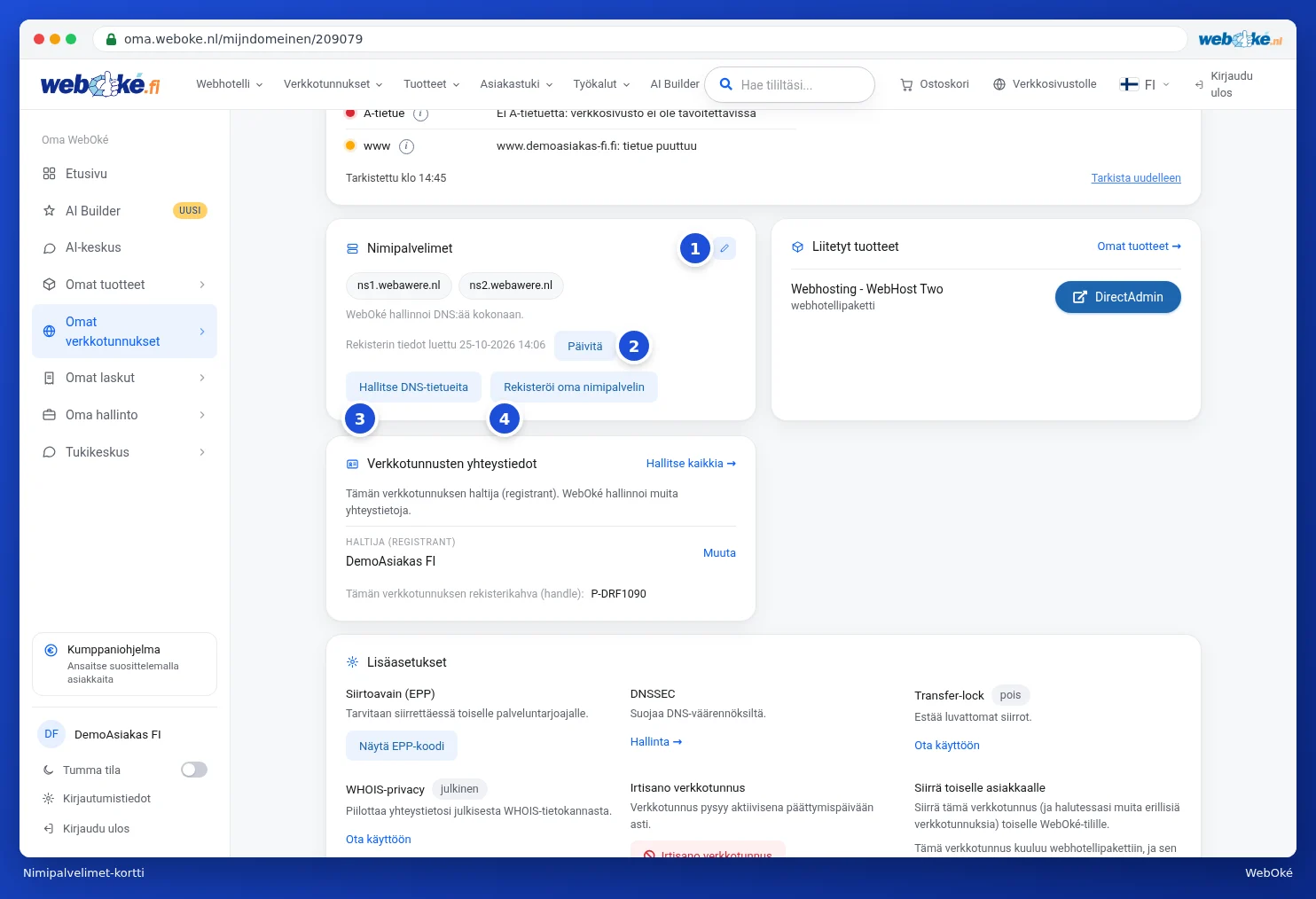Nimipalvelimet-kortti nykyisten nimipalvelimien ja painikkeiden kanssa