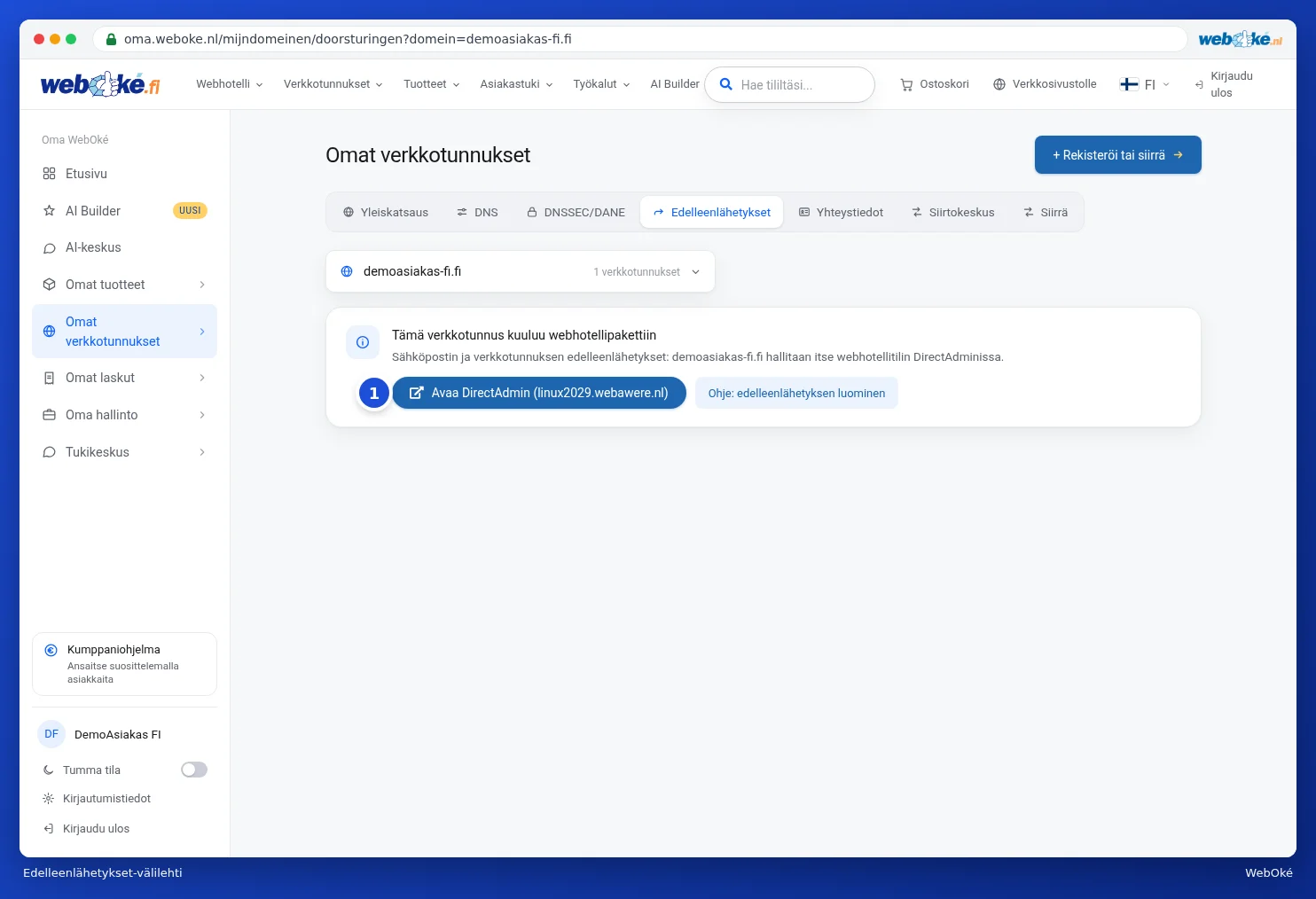 Edelleenlähetykset-välilehti hosting-pakettiin kuuluvalle verkkotunnukselle, Avaa DirectAdmin -painike näkyvissä