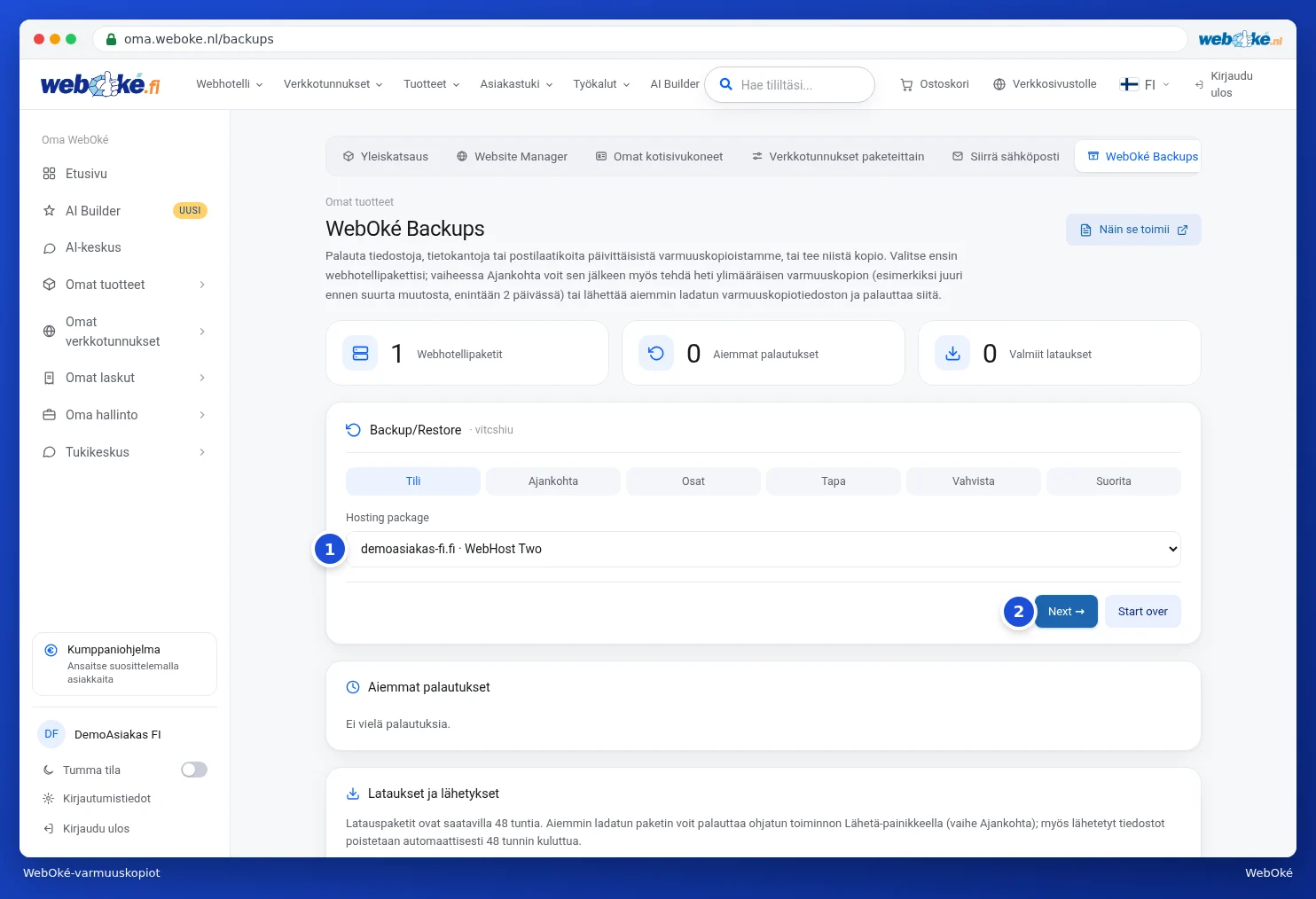 WebOké Backups sivu ohjatulla toiminnolla ja hosting-paketin valinnalla