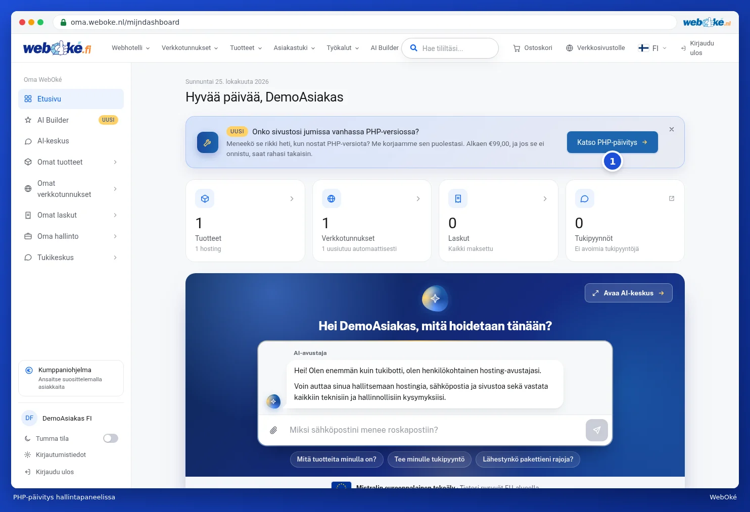 PHP-päivitystä koskeva ilmoitus kojelaudan yläosassa