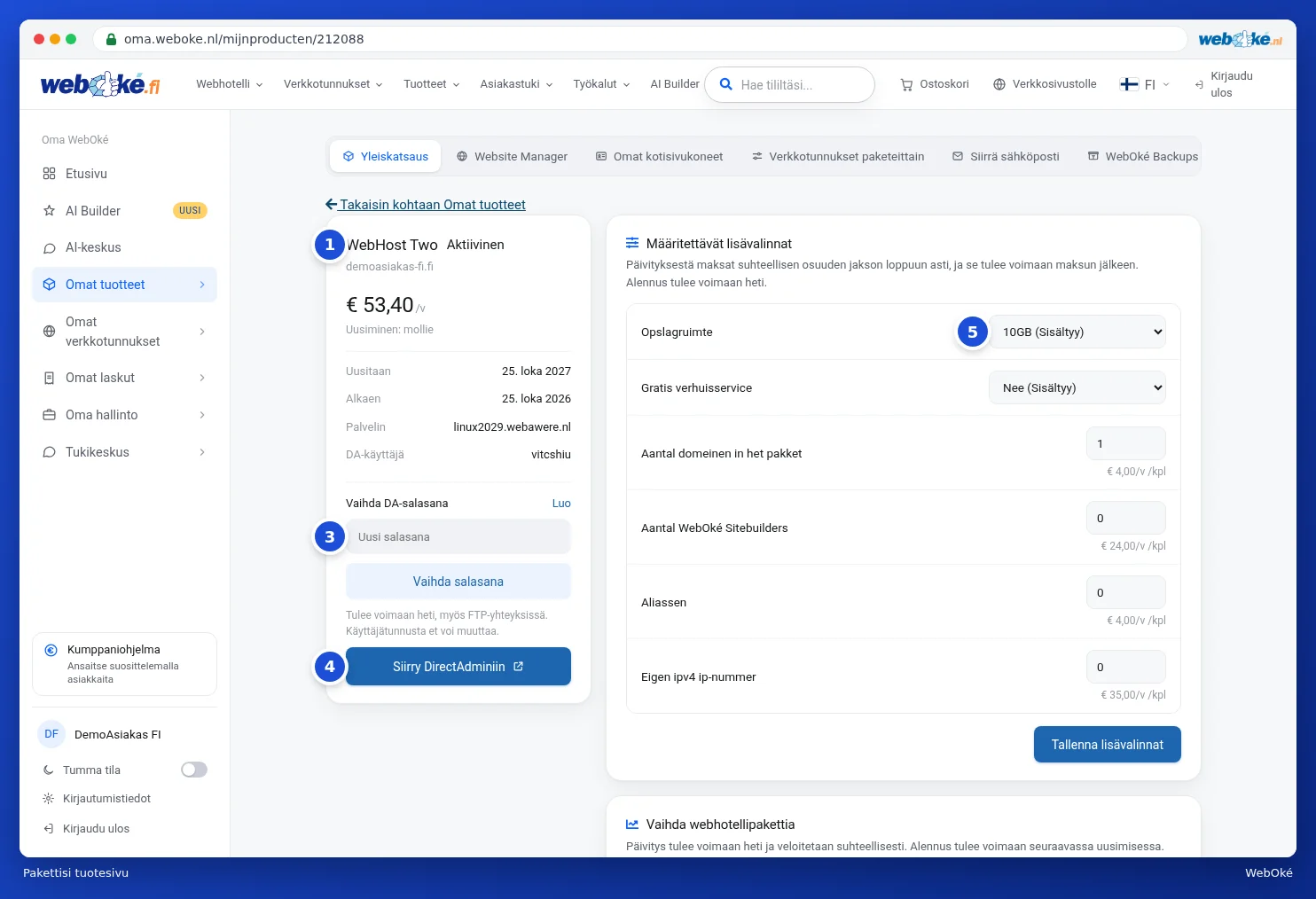 WebHost Two -paketin tuotesivu, jossa vasemmalla pakettitiedot ja oikealla määritettävät lisävalinnat