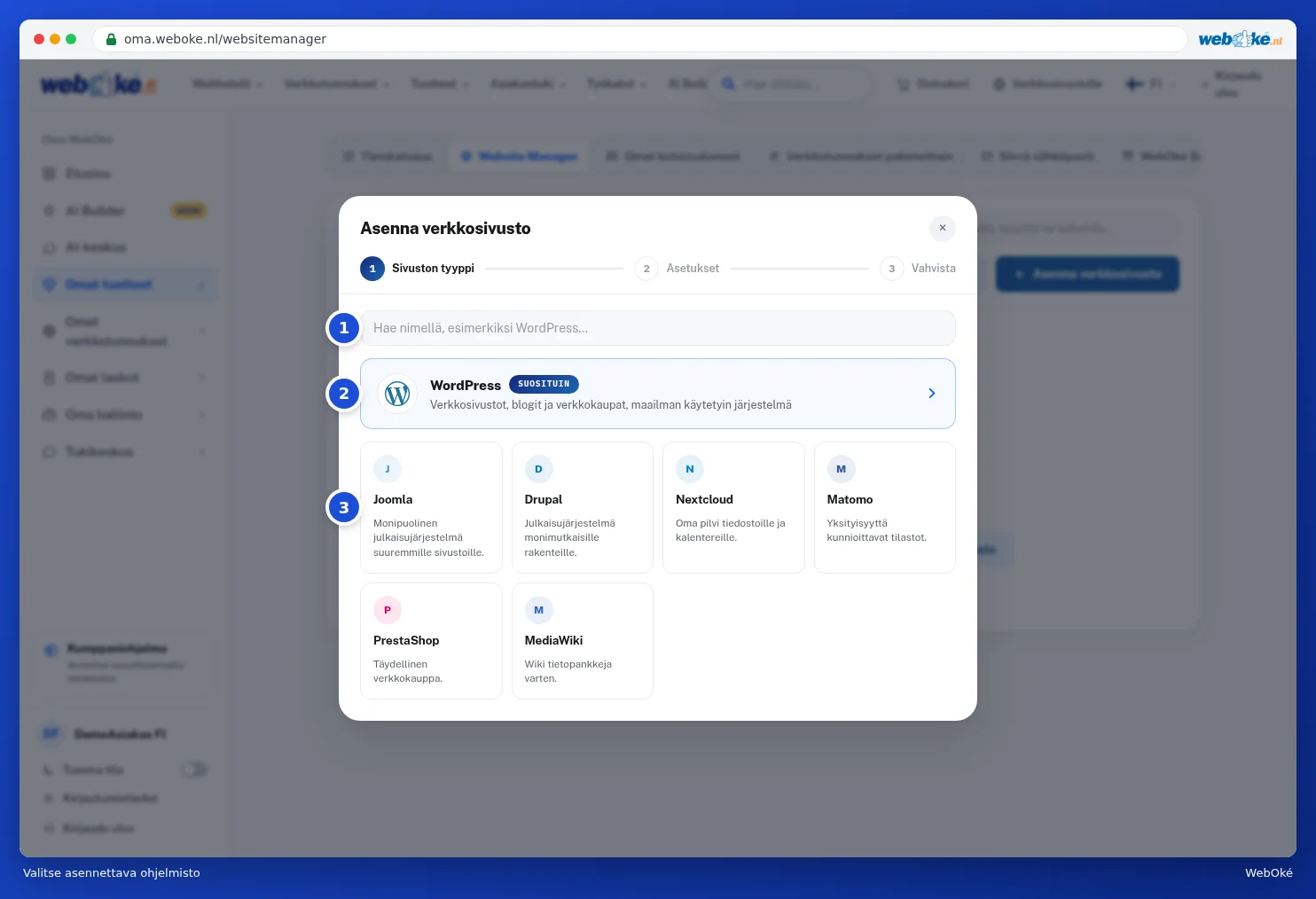 Luettelo, jossa WordPress ylimpänä ja muut ohjelmistot alla