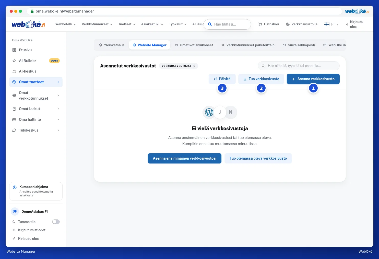 Website Manager ilman verkkosivustoja, painikkeet Asenna verkkosivusto ja Tuo verkkosivusto