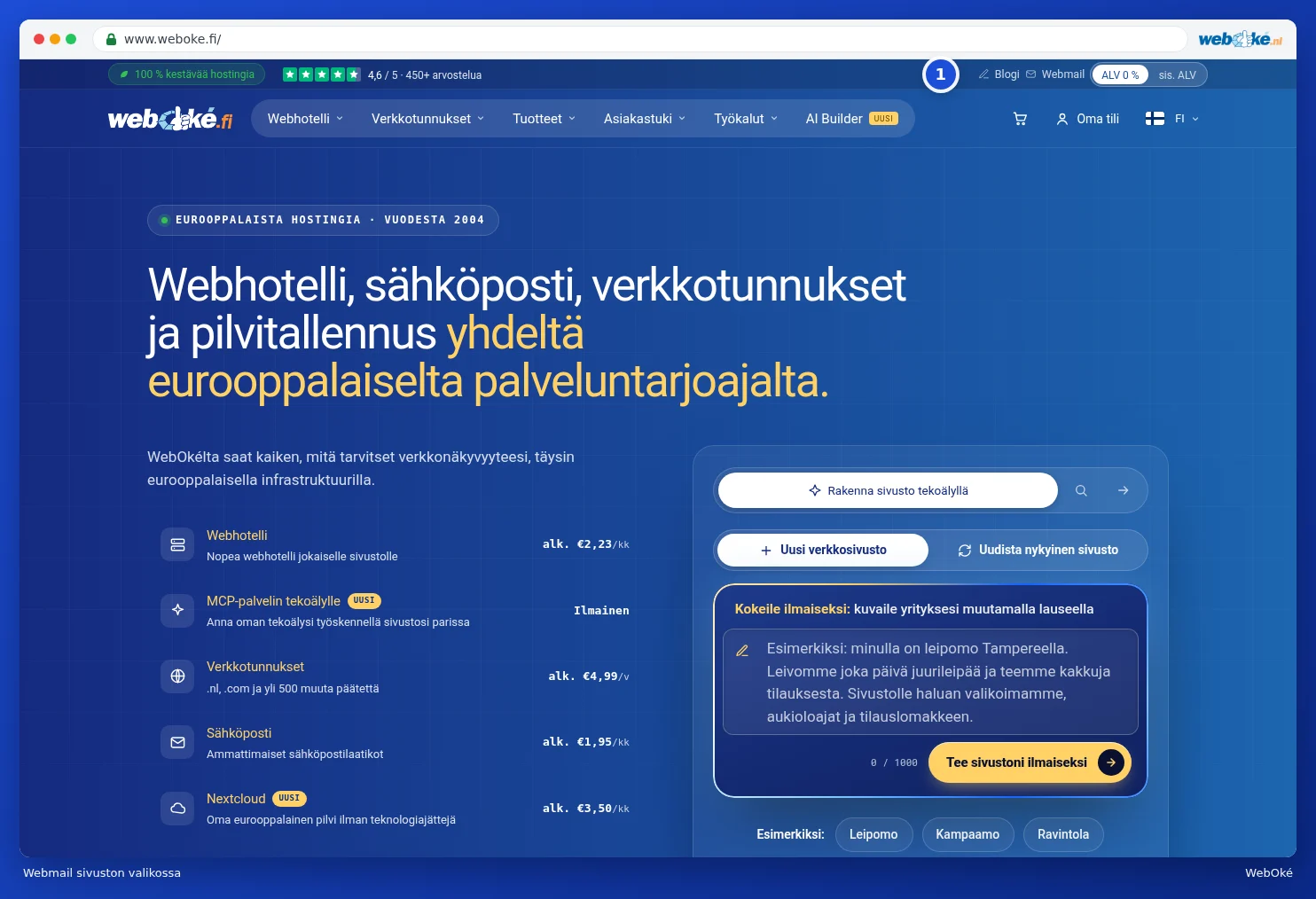 Webmail-linkki verkkosivun oikeassa yläkulmassa