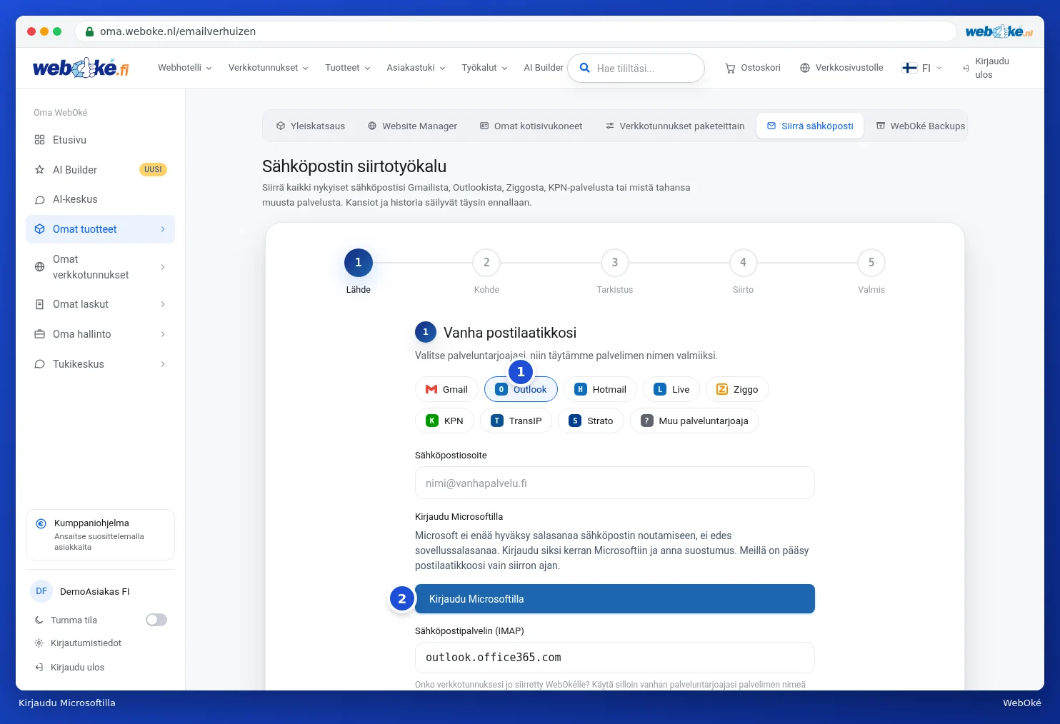 Ensimmäinen vaihe Outlook valittuna ja painike Kirjaudu Microsoftilla