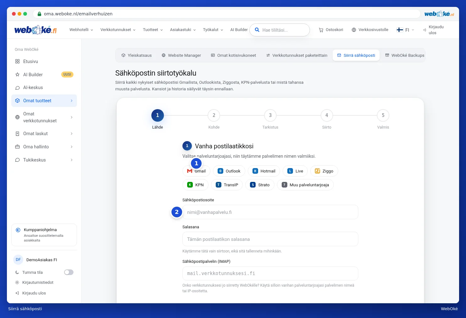 Sähköpostin siirtotyökalu vaiheineen ja vanhan palveluntarjoajan valinta