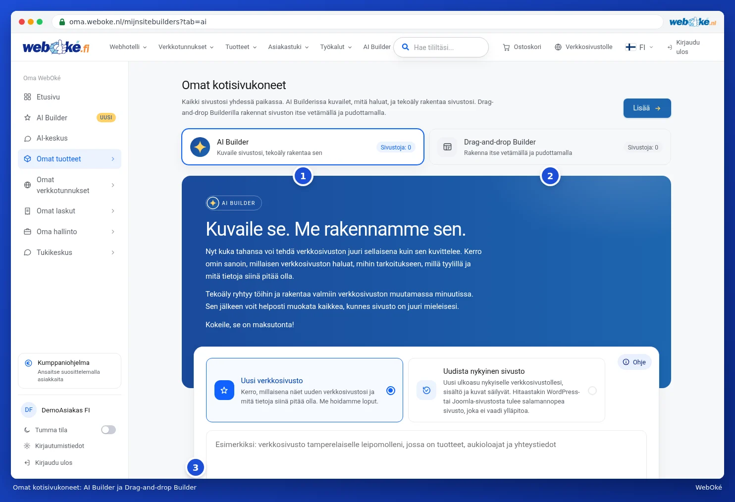 Omat kotisivukoneet välilehdillä AI Builder ja Drag-and-drop Builder