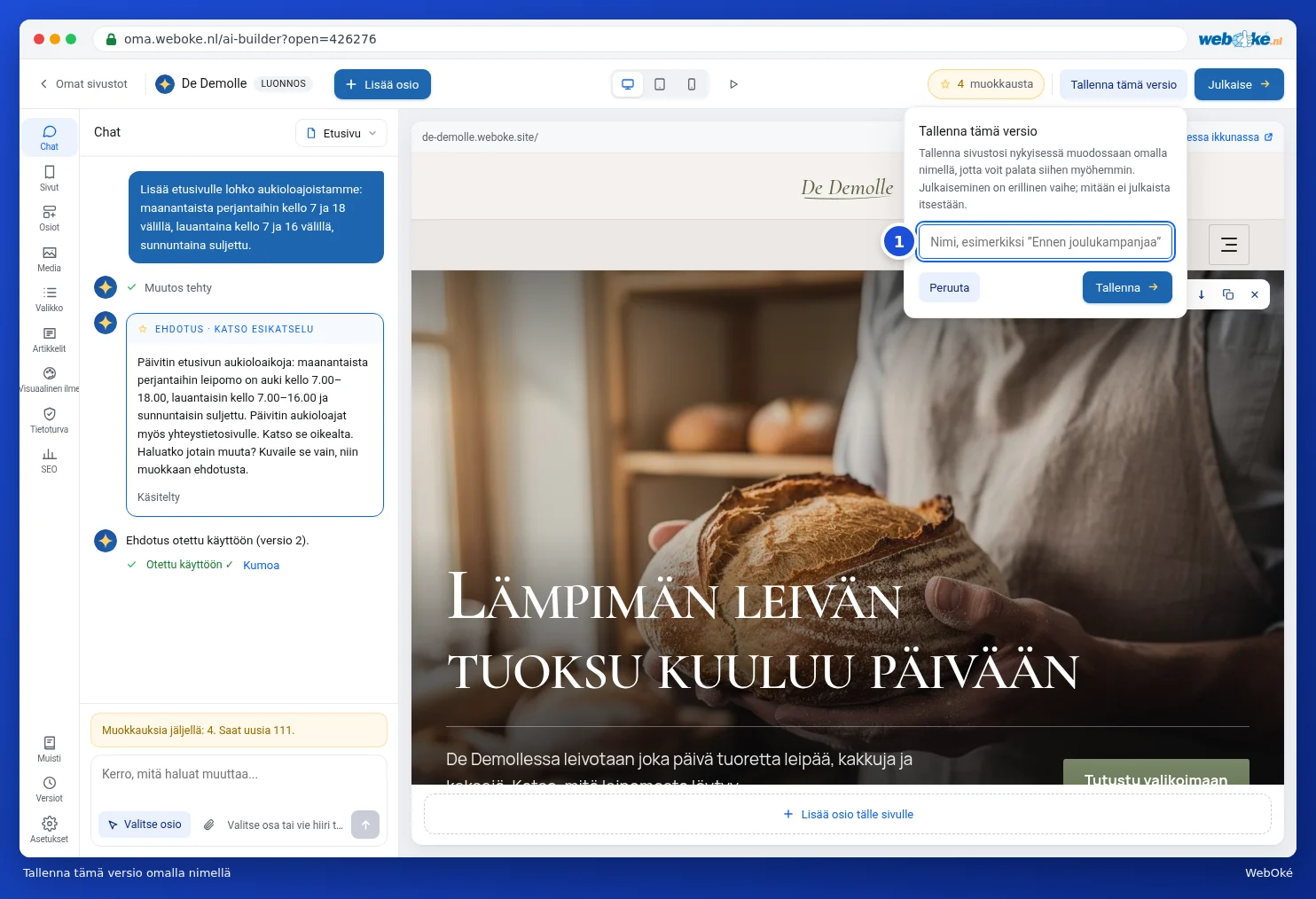 Ikkuna Tallenna tämä versio, jossa kenttä nimelle
