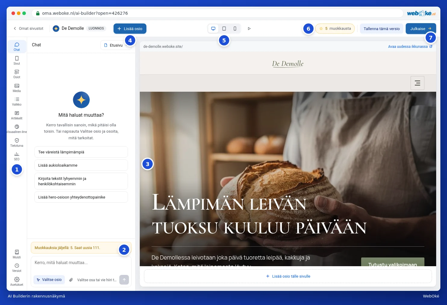Rakennusnäkymä, jossa vasemmalla palkki ja chat, oikealla sivuston esikatselu