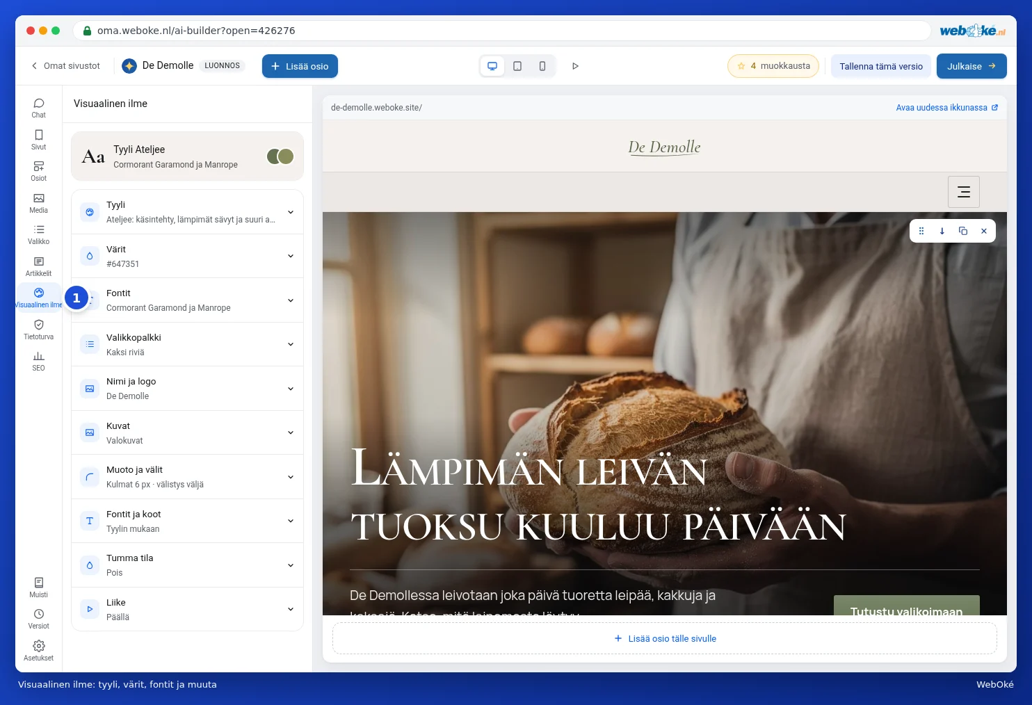 Paneeli Visuaalinen ilme, jossa Tyyli, Värit, Fontit ja muuta