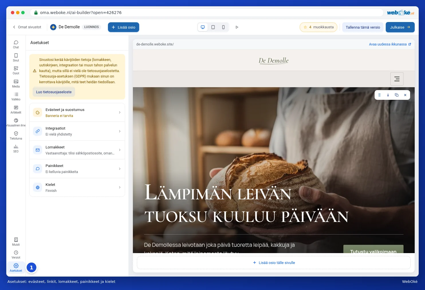 Paneeli Asetukset, jossa evästeet, integraatiot, lomakkeet, painikkeet ja kielet
