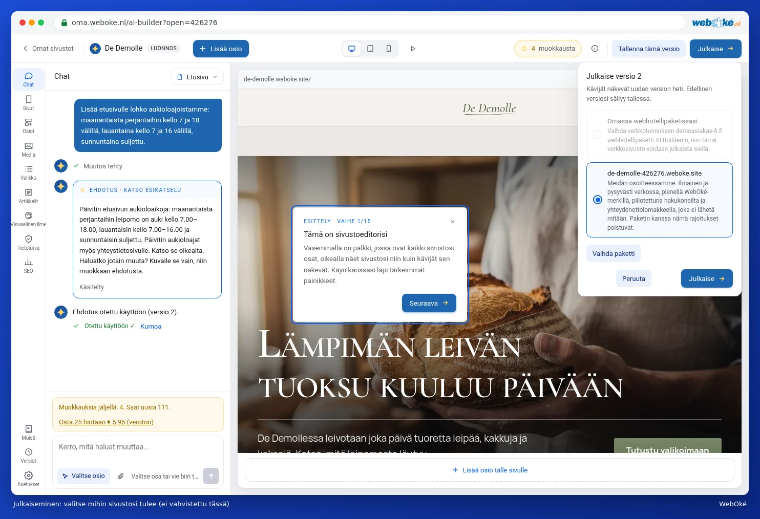 Ikkuna, jossa version 1 julkaiseminen, valittavana ilmainen osoite tai oma hostingpaketti