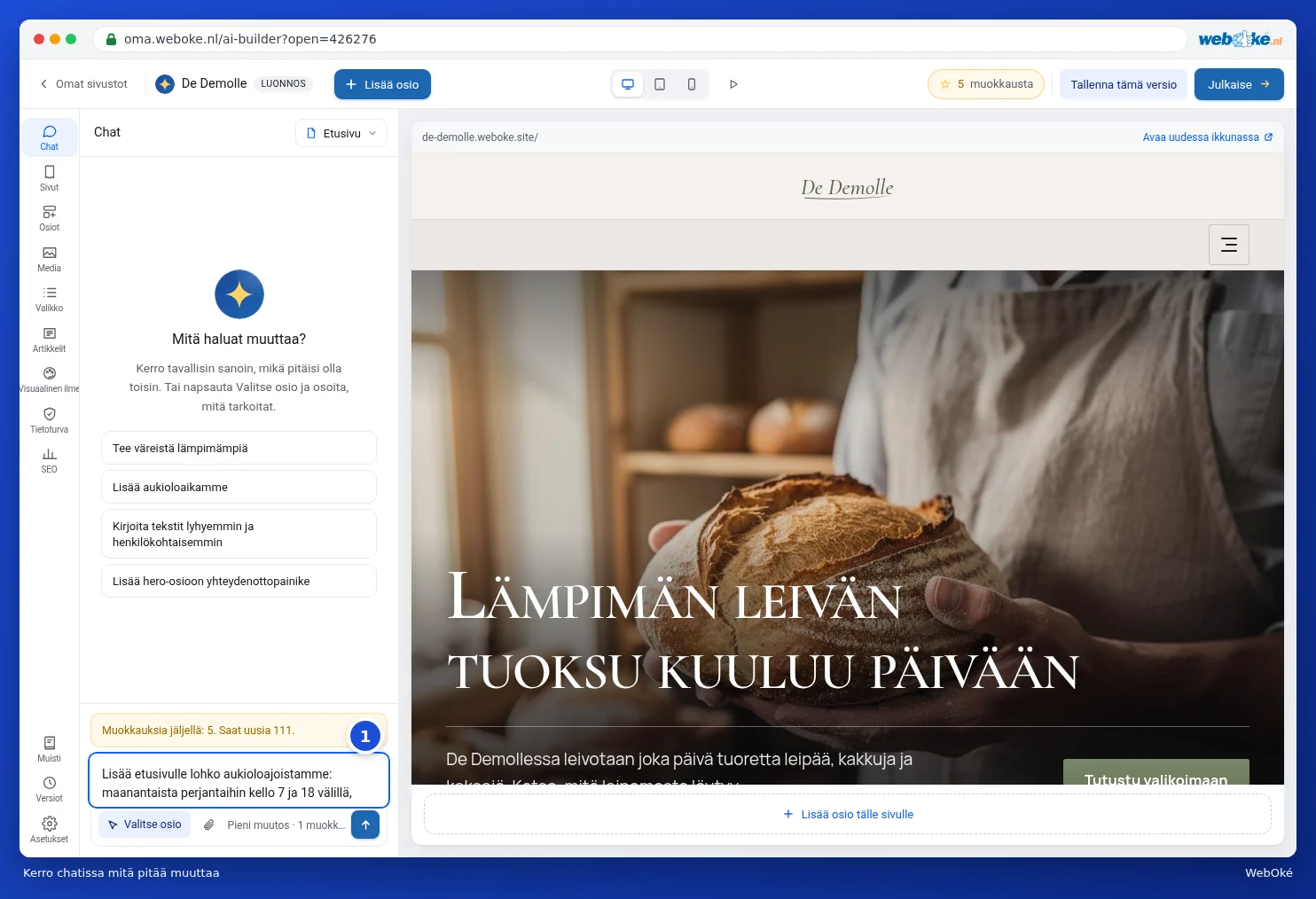 Chat, jossa on pyyntö lisätä aukioloajat