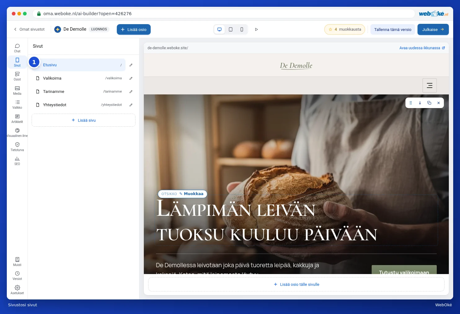 Paneeli Sivut, jossa Etusivu, Valikoima, Leipurit ja Yhteystiedot
