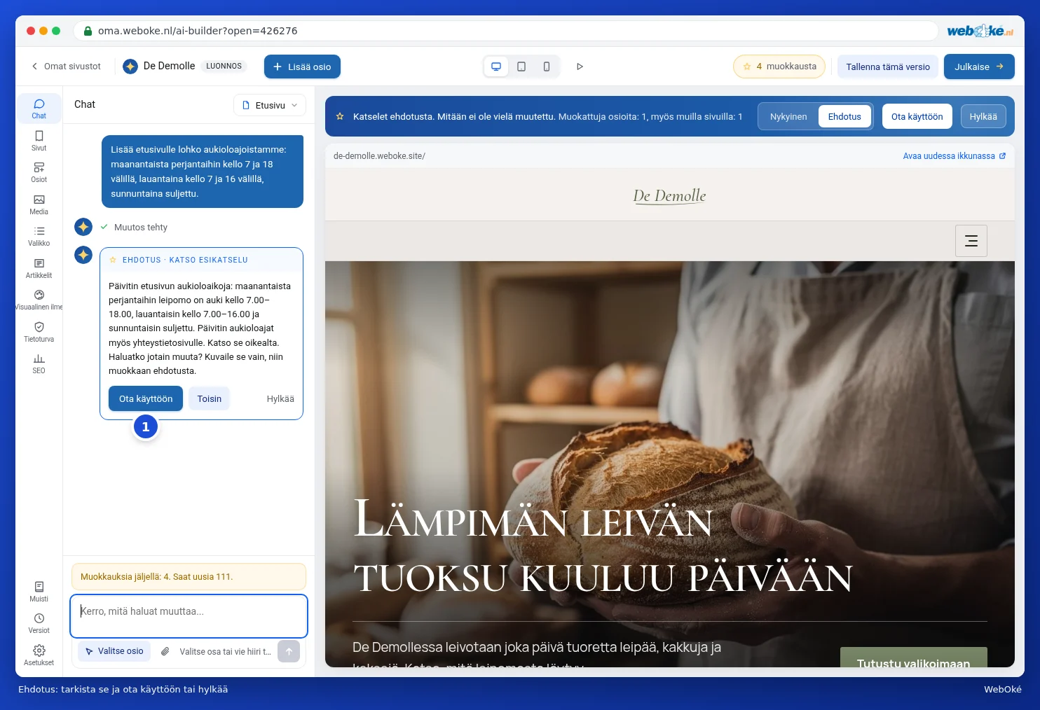 Tekoälyn ehdotus painikkeilla Ota käyttöön, Toisin ja Hylkää