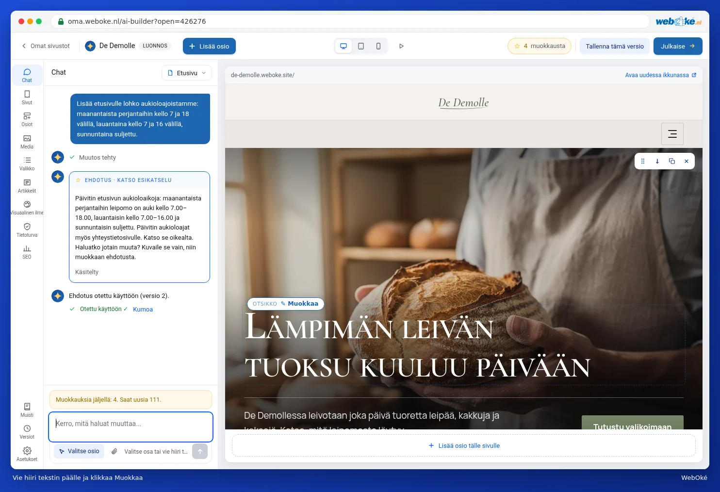 Sivuston esikatselu, hiiri ison otsikon päällä