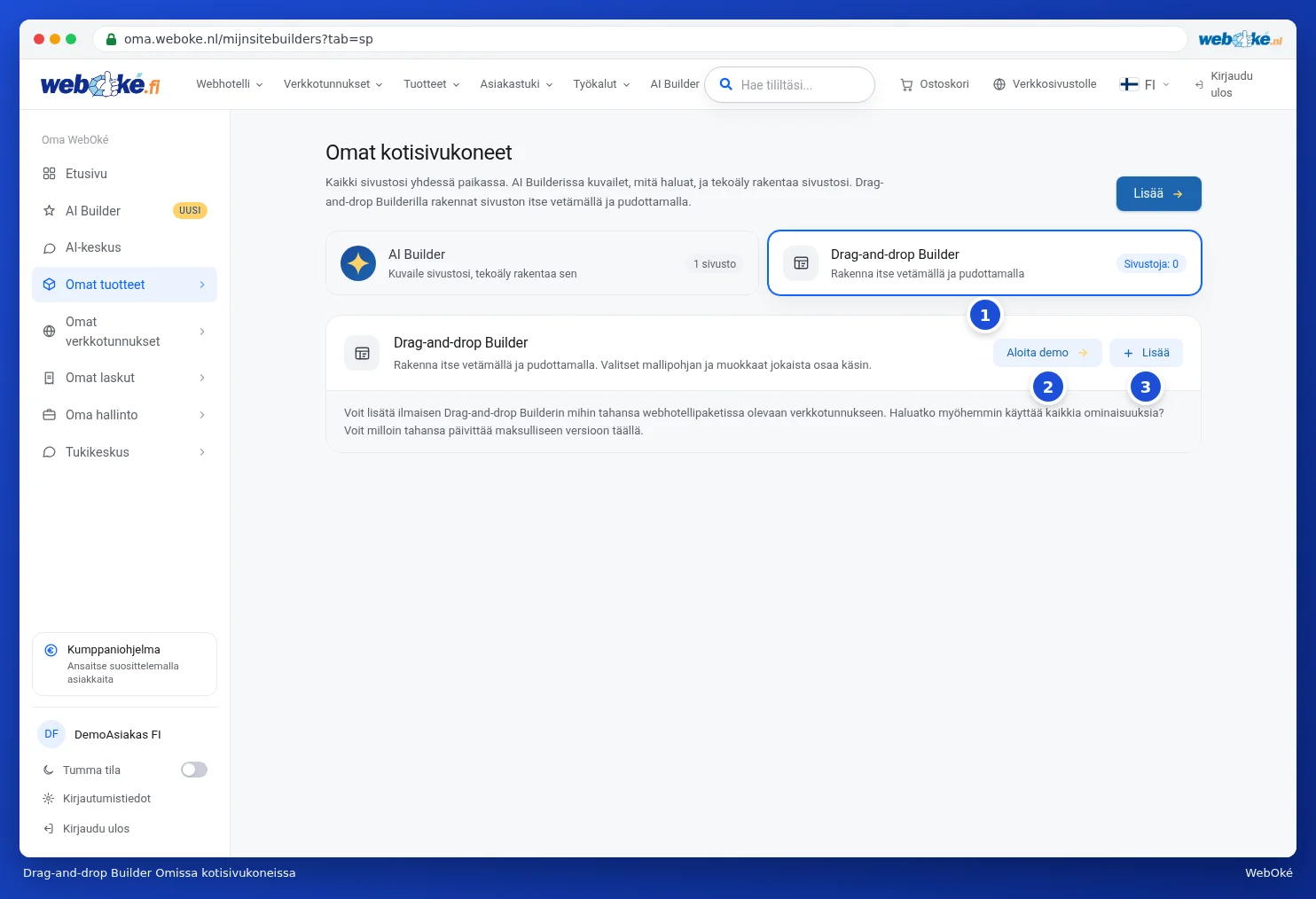 Drag-and-drop Builder -välilehti Omat kotisivukoneet -sivulla