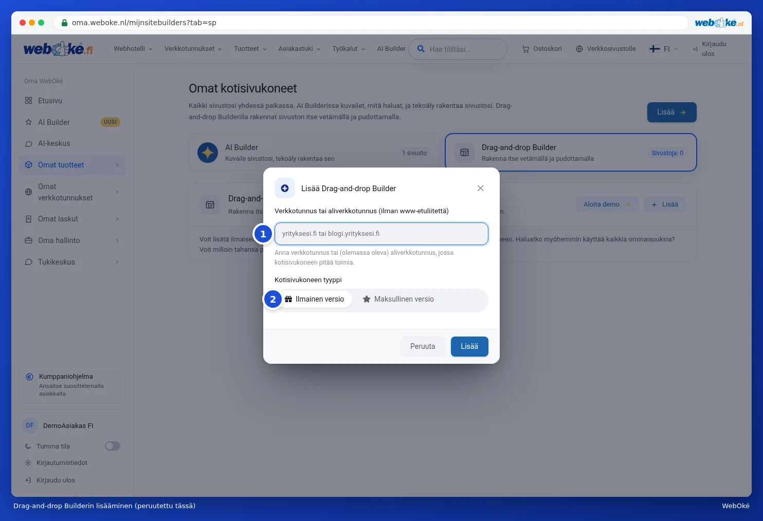 Lisää Drag-and-drop Builder -ikkuna verkkotunnuksen kenttineen