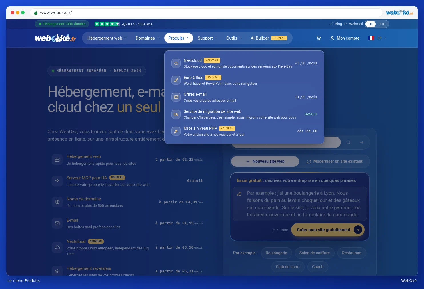 Le menu Produits ouvert