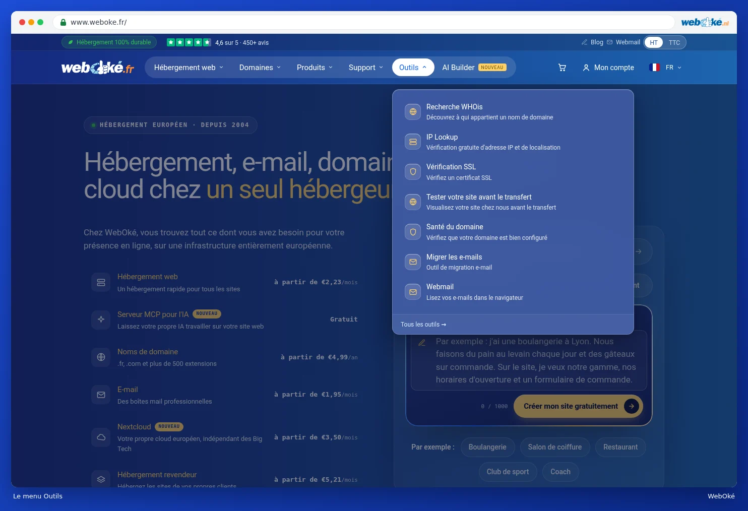 Le menu Outils ouvert